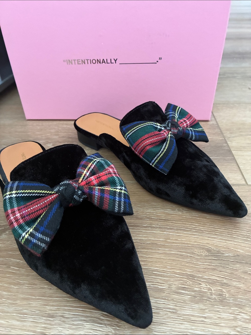 INTENTIONALLY BLANK Black Velvet Pointed Mule with Multicolor Plaid Bow, NEW!